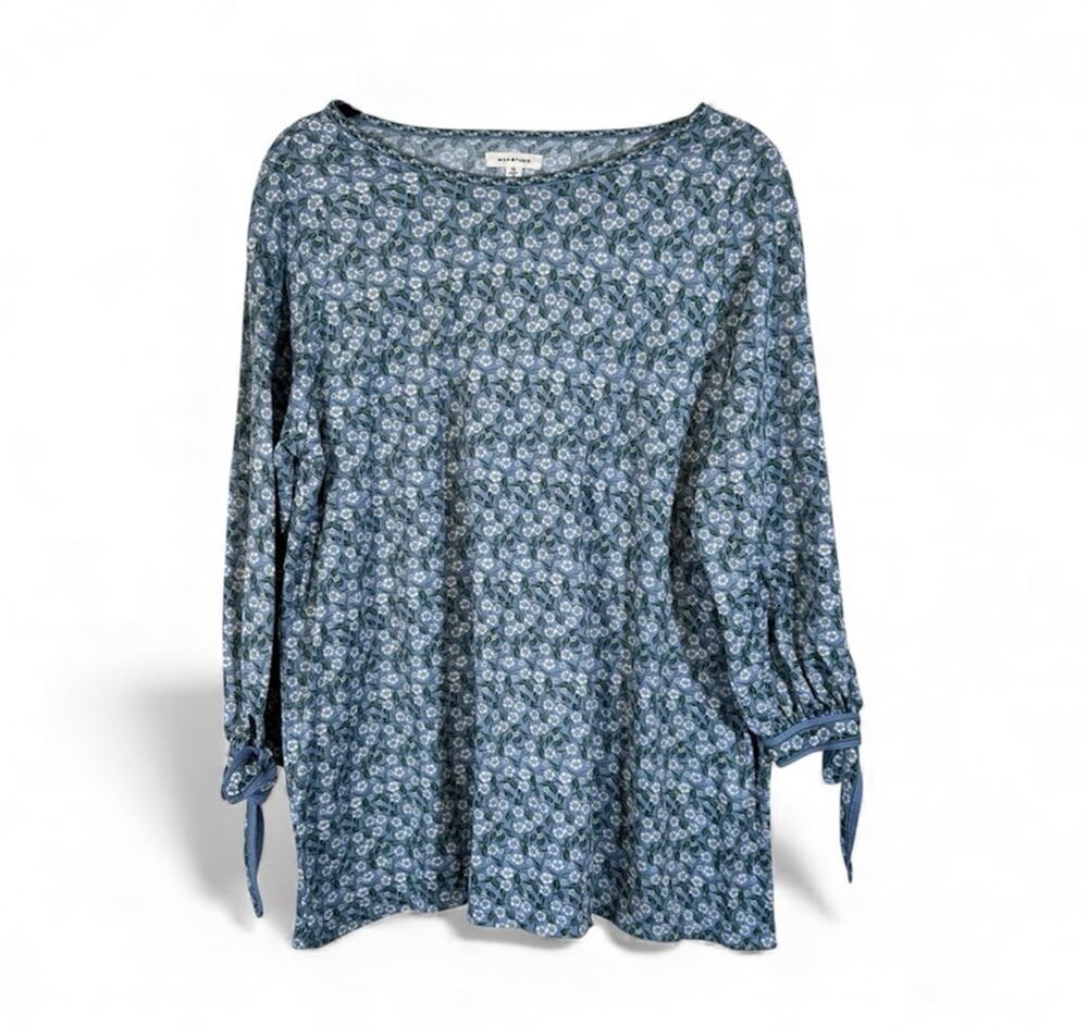Max Studio Blue Green Floral 3/4 Sleeve Blouse Womens XL Shirt Tie Sleeve Casual